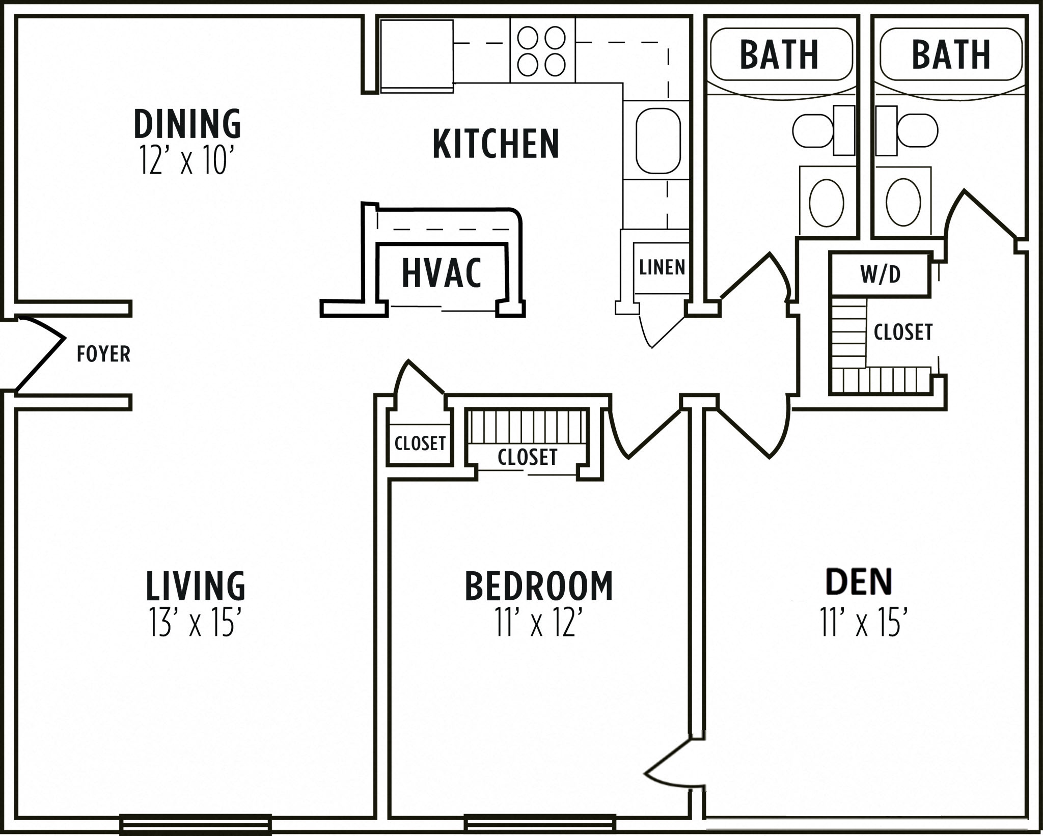 Floor plan for 1 bed, 2 baths, 980 sqft